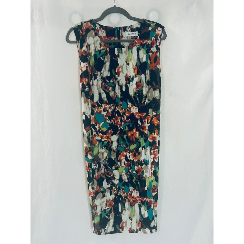 Calvin Klein Womens 16 Abstract Floral Scuba Sheath Dress Multicolor Sleeveless